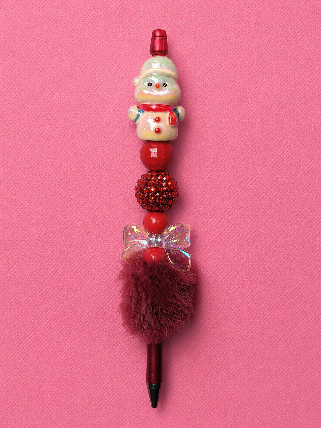 Bolígrafo navideño rojo con muñeco de nieve y pompón