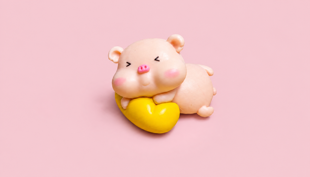 Figura cerdito tumbado sobre un corazón amarillo