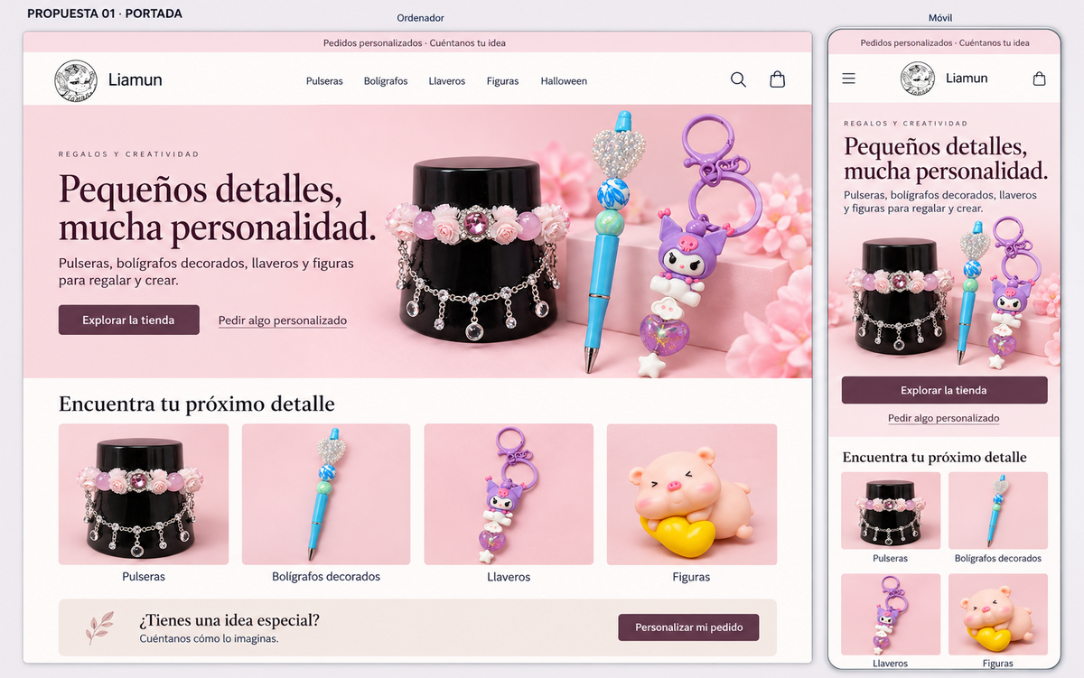 Pulsera de flores rosas con cadenas plateadas, bolígrafo azul y llavero Kuromi morado de Liamun.
